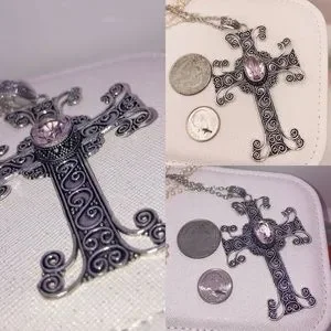 Handmade Pink Kunzite & Silver Cross Charm Necklace - 18" Platinum Plated, Genuine Gemstone 14 thumbnail image